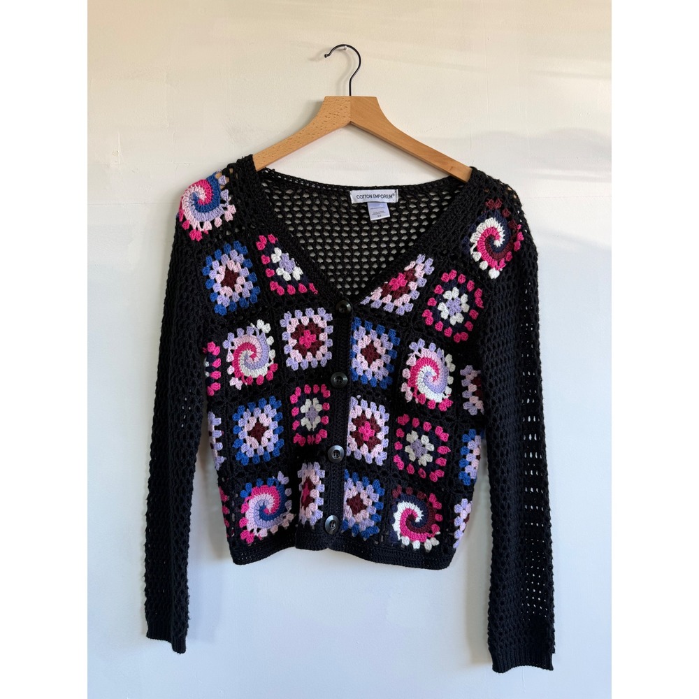 Cotton Emporium Grannycore Festival Square Crochet Cardigan Black Multi Boho XS